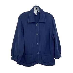 Chicos Cardigan Sweater Size 3 US XL Navy Blue Thick Cotton Knit Snap Button